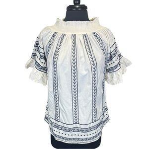 White & Navy Embroidered Cotton Smocked Bohemian Peasant Blouse Size XS